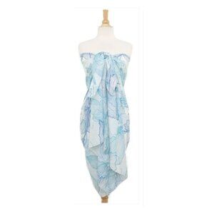Sarong Pareo  Wrap Dress White With-Ice Blue-Hibiscus Designs 100% Terryvoile